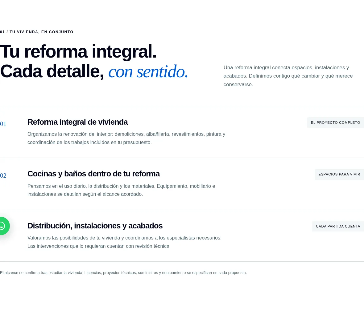Sección real de servicios de la web de Ecolom con reforma integral, cocinas, baños, instalaciones y acabados